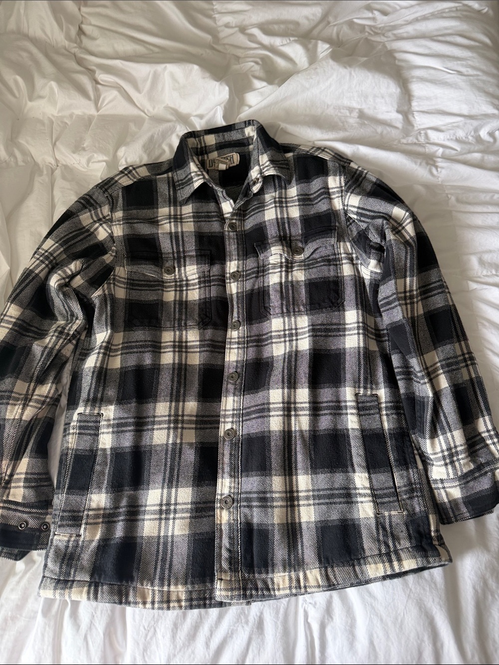 Duluth Trading Co Black & White Plaid Snap fleece lined jacket